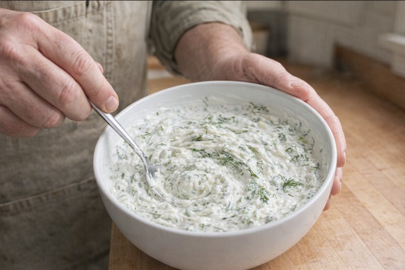 A medium shot of a person stirring a bowl of Tzatziki, showcasing the creamy texture and fresh herbs. Bright, overhead kitchen lighting.